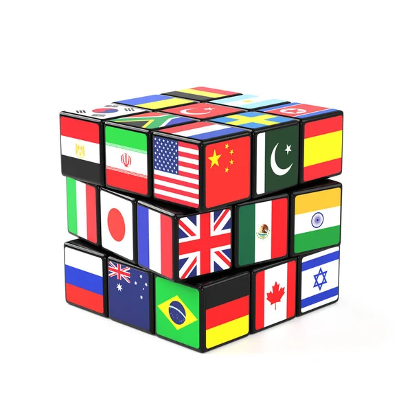 Un cubo de Rubiks con muchas banderas — Foto de Stock