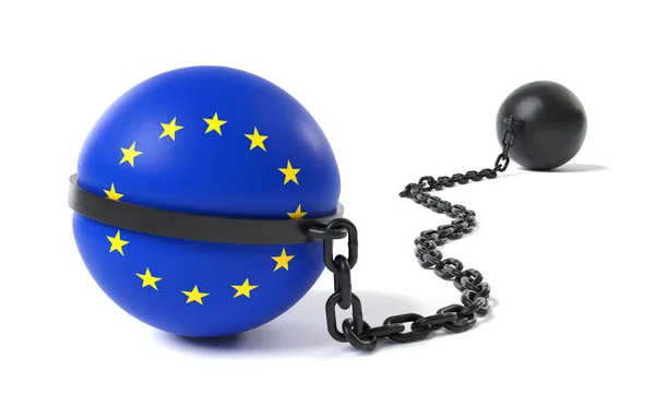 A União Europeia amarrada a uma bola e a uma corrente — Fotografia de Stock