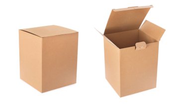 Beyaz arkaplanda izole edilmiş karton boş paket kutularından yoksun. Karton kutuyu aç ve kapat.