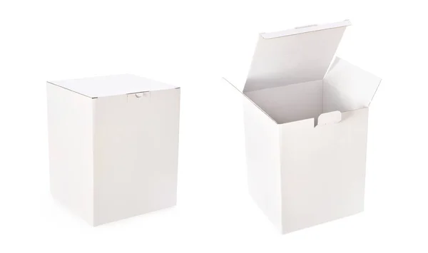 Белый Картонный Пустой Ящик Открыт Закрыт Изолирован Белом Фоне Набор — стоковое фото