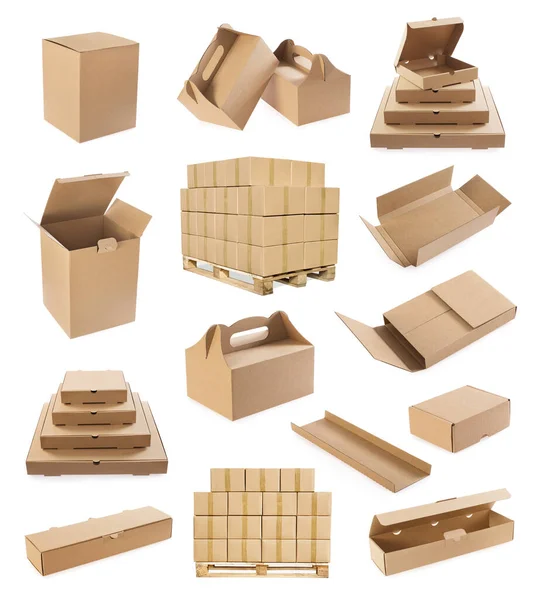 Gran Juego Cajas Cartón Paquete Para Llevar Para Pizza Pastel — Foto de Stock