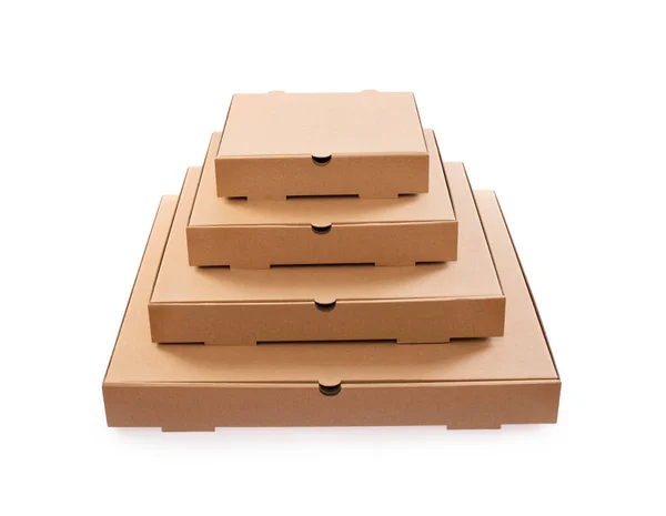Pizzalåda För Hämtning Kartong Pizza Tomma Lådor Arrangerade Pyramid Klippbana Royaltyfria Stockfoton