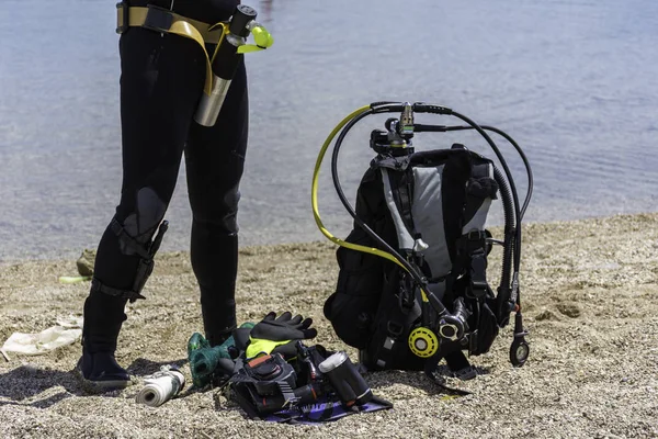 Scuba diving equipment on the beach