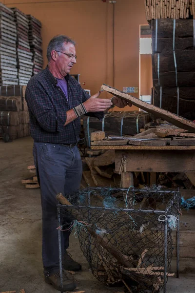 Worker inspecting cork board — Stock Photo, Image