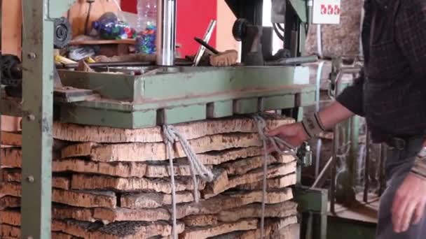 SAO BRAS DE ALPORTEL, PORTUGAL - 14 NOV 2016 - Vista del proceso de prensado de balas de corcho en una fábrica de corcho . — Vídeos de Stock