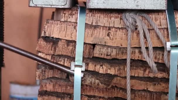 Sao Bras De Alportel, Portugalia - 14 lis 2016 – pracownik zaciska cork bele na prasie hydrauliczny na fabrykę cork. — Wideo stockowe