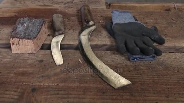 Sao Bras De Alportel, Portugal - 14 Nov 2016 - Cork skivning knivar och handske, verktyg för jobbet på en kork fabrik. — Stockvideo