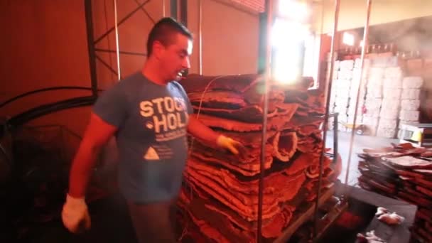 サン ブラス ・ デ ・ Alportel、ポルトガル: 2016 年 11 月 14 日 - 労働者はボイラーに水没するバージン コルクの束を準備します。. — ストック動画
