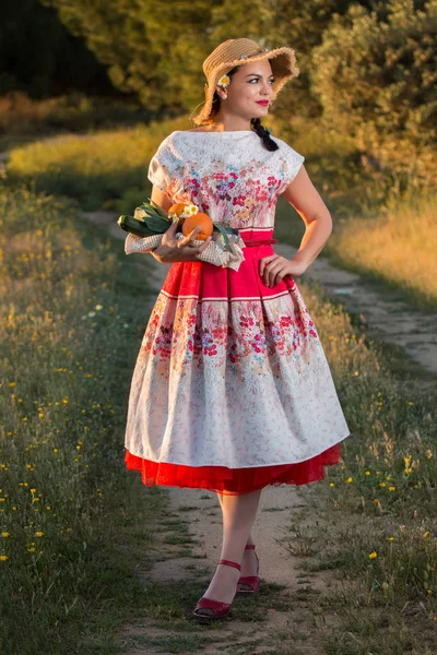 Vintage chica en el campo —  Fotos de Stock