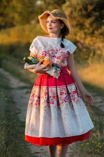 Vintage chica en el campo —  Fotos de Stock