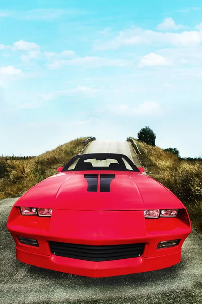 Red speed car on the countryside — Stock Photo, Image