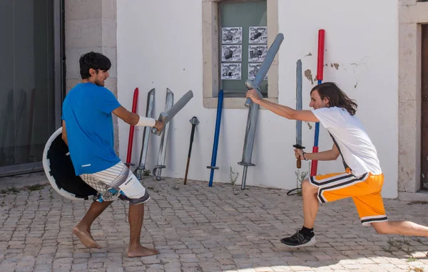 İnek kılıç ve kalkan mücadele — Stok fotoğraf