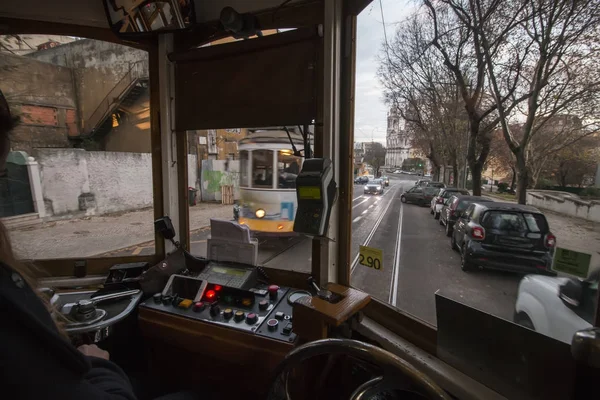 Driver controls of an historical yellow tram — Stock Photo, Image