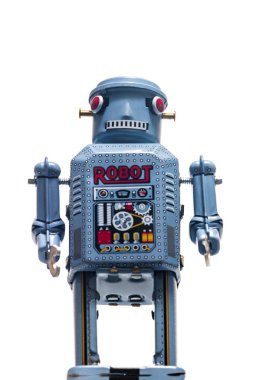 Beyaz arka planda izole edilmiş klasik bir robot oyuncak..