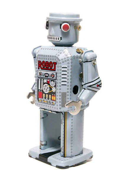Vintage Staniu Robot Jucărie Izolat Fundal Alb — Fotografie, imagine de stoc