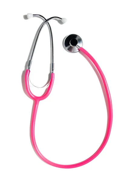 Visão Perto Estetoscópio Médico Rosa Isolado Fundo Branco — Fotografia de Stock