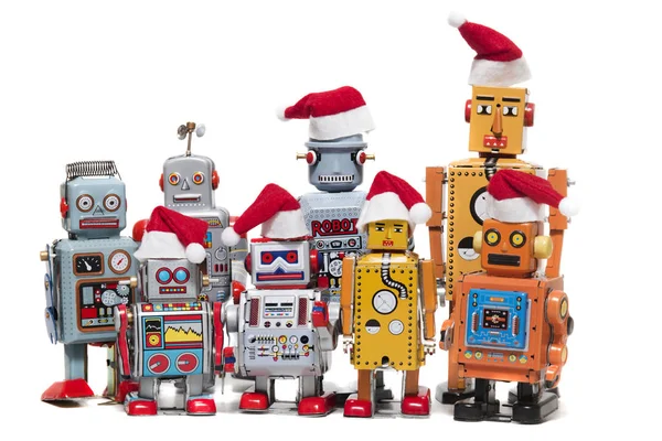 Vintage Tin Robot Speelgoed Met Xmas Hoeden Geïsoleerd Een Witte — Stockfoto