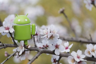 Estoi, Portekiz - 4 Şubat 2018 - kırsal üzerinde badem ağacının dalını üstünde Android heykelcik Portekiz Algarve bölgesinde bulunan..