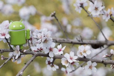 Estoi, Portekiz - 4 Şubat 2018 - kırsal üzerinde badem ağacının dalını üstünde Android heykelcik Portekiz Algarve bölgesinde bulunan..