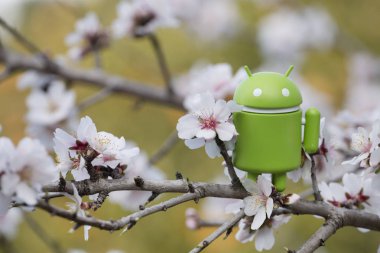 Estoi, Portekiz - 4 Şubat 2018 - kırsal üzerinde badem ağacının dalını üstünde Android heykelcik Portekiz Algarve bölgesinde bulunan..