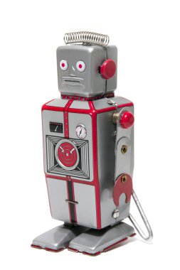 Beyaz arka planda izole edilmiş klasik bir robot oyuncak..
