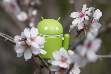 Estoi, Portekiz - 4 Şubat 2018 - kırsal üzerinde badem ağacının dalını üstünde Android heykelcik Portekiz Algarve bölgesinde bulunan..