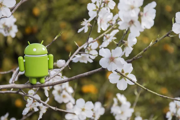 Estoi Portugal February 2018 Patung Android Atas Cabang Pohon Almond — Stok Foto