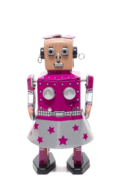 Vintage Retro Vrouwelijke Tinnen Speelgoed Robot Geïsoleerd Een Witte Achtergrond — Stockfoto