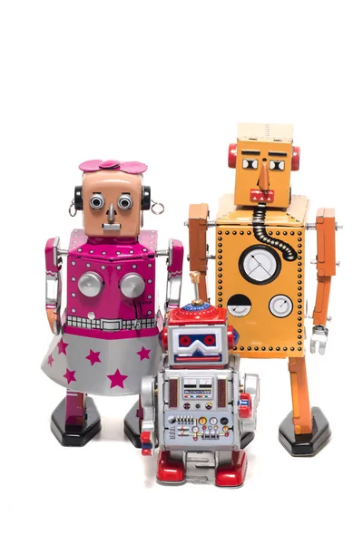 Vintage Retro Tin Robot Juguete Concepto Familia Aislado Sobre Fondo — Foto de Stock