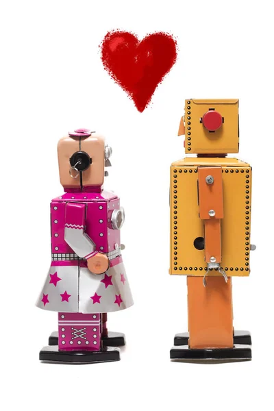 Vintage Robot Juguete Lata Retro Pareja Concepto Aislado Sobre Fondo — Foto de Stock