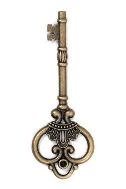 Beyaz bir arka plan üzerinde izole vintage fantezi detaylı altın anahtar.