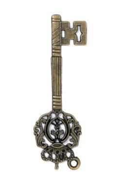 Beyaz bir arka plan üzerinde izole vintage fantezi detaylı altın anahtar.