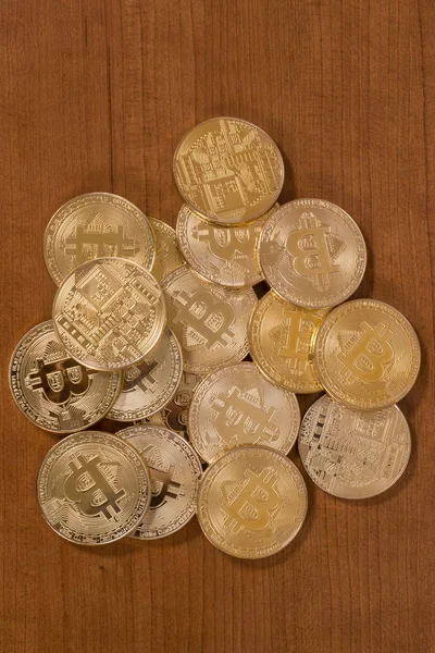 Several Golden Bitcoins Top Wooden Table — Stock Photo, Image