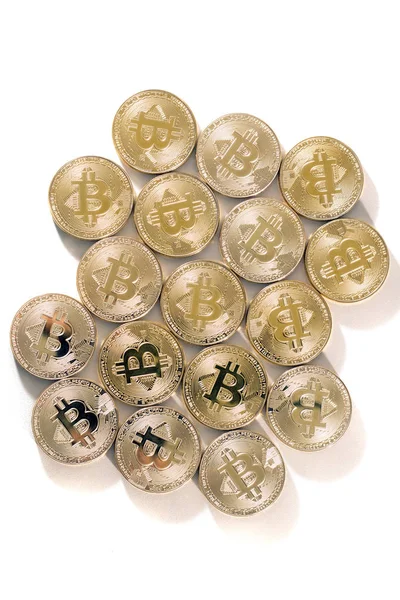 Shiny Golden Bitcoins White Background — Stock Photo, Image