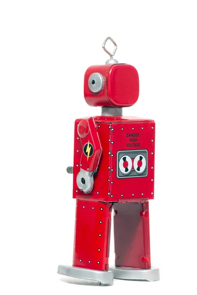 Vintage Retro Röd Burk Leksaksrobot Isolerad Vit Bakgrund — Stockfoto