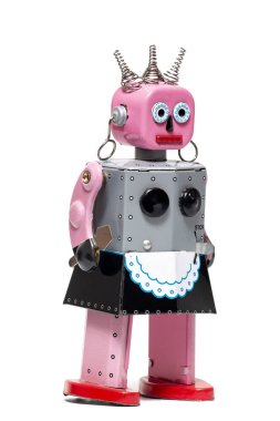 Beyaz arka planda izole edilmiş klasik bir robot oyuncak..