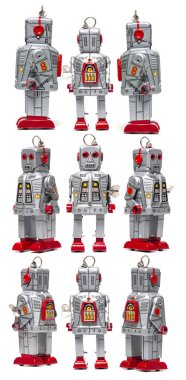 Beyaz arka planda izole edilmiş klasik bir robot oyuncak..