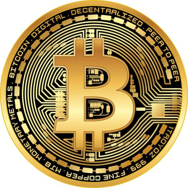 Beyaz bir arka plan üzerinde parlak altın bitcoin illüstrasyon.