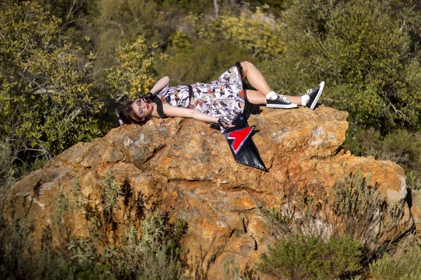 Girl Posing Top Rock Nature Vintage Clothing — Stock Photo, Image