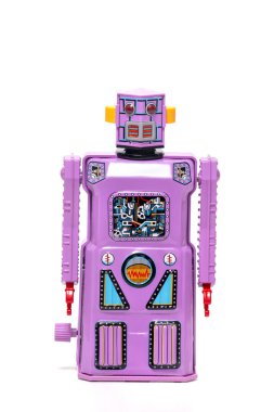 Beyaz arka planda izole edilmiş klasik bir robot oyuncak..