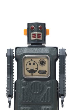 Beyaz arka planda izole edilmiş klasik bir robot oyuncak..