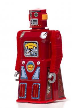 Beyaz arka planda izole edilmiş klasik bir robot oyuncak..