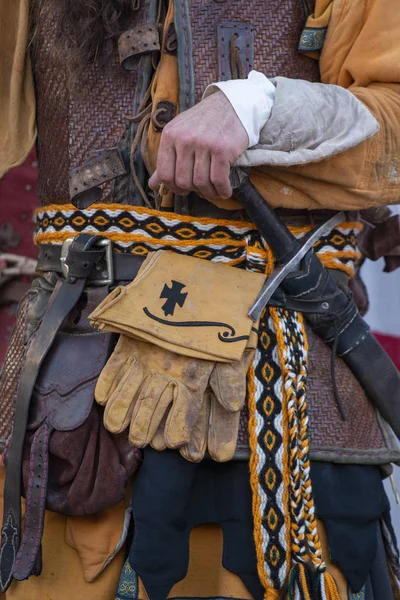 Close up medieval soldier hand — ストック写真