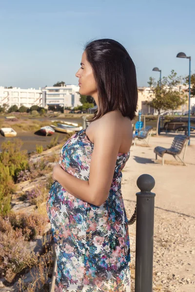 Zwangere vrouw poseert op de moerassen. — Stockfoto