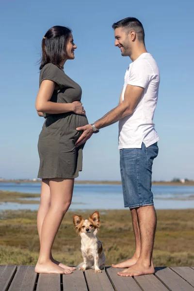 Έγκυος ευτυχισμένο ζευγάρι με μικρό σκυλί — Φωτογραφία Αρχείου