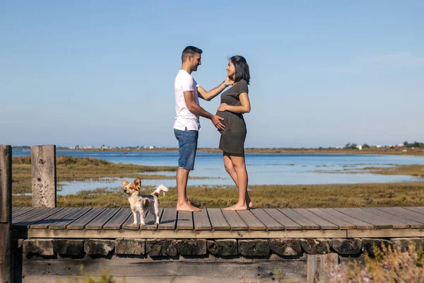 Pregnant happy couple with small dog — ストック写真