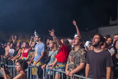 Festivalde izleyiciler müzik sanatçılarını izliyor