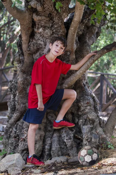 Söt pojke poserar med sport kläder — Stockfoto