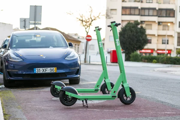Faro Portugal Fevrier 2020 Scooters Électriques Verts Société Bolt Louer — Photo