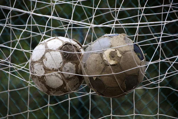 Close View Two Old Soccer Balls Soccer Goal Net — Stock Photo, Image